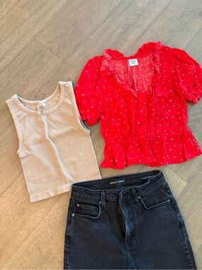 Sunday Best & Denim Forum Bundle  - Ruffle Peplum Top, Tan Dark & Black Denim